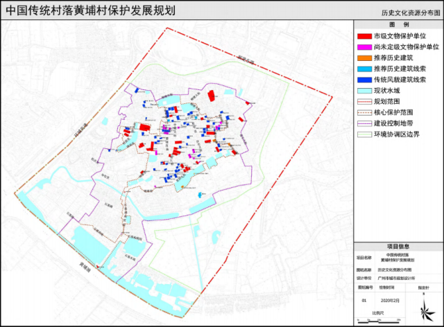 中国传统村落黄埔村保护发展规划中的历史文化资源分布图。